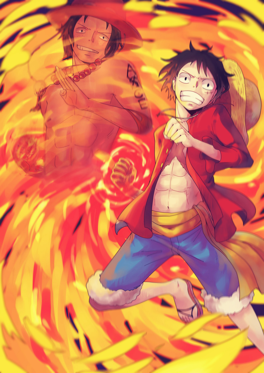 1boy 2boys brothers clenched_hand fighting_stance fire ghost highres long_sleeves memory mino_cat monkey_d_luffy multiple_boys one_piece open_clothes open_shirt portgas_d_ace red_shirt sash scar shirt siblings stampede_string