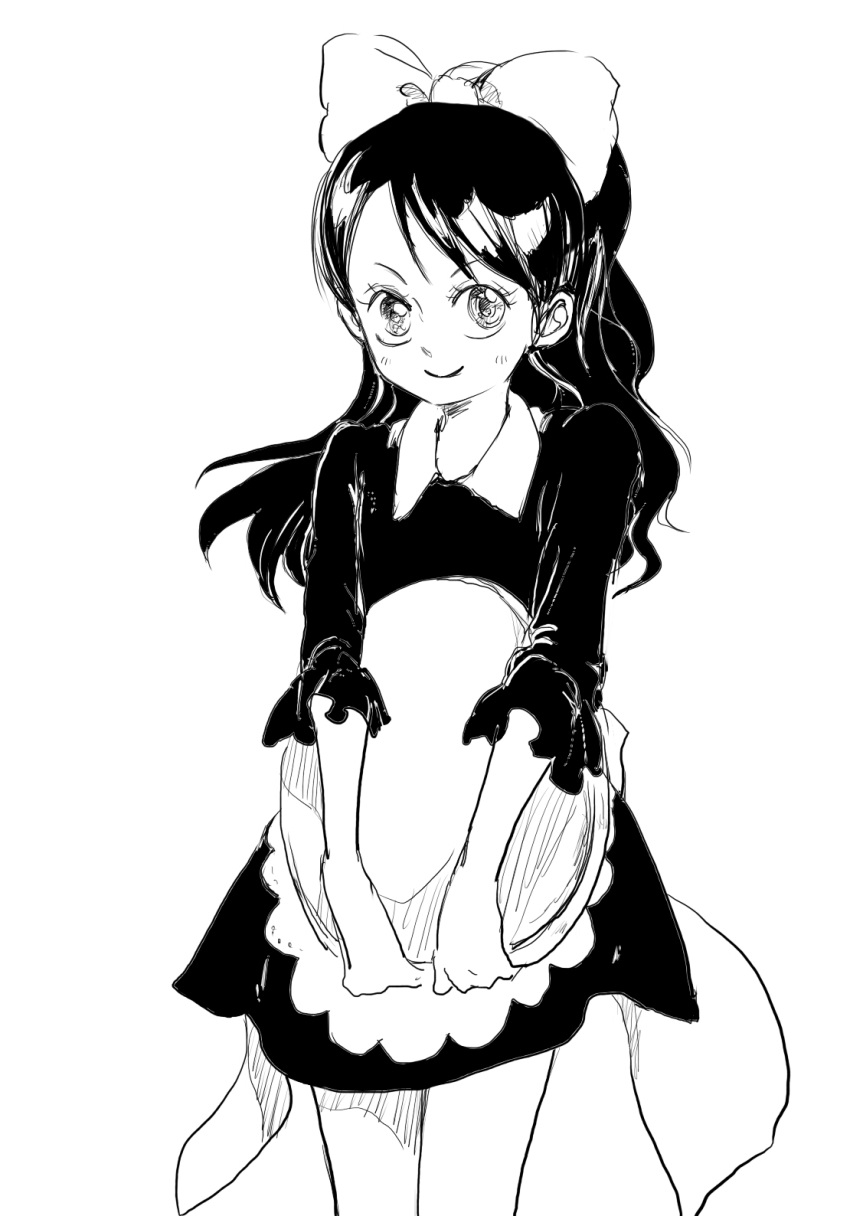 1girl apron baby_5 bow monochrome one_piece puchiri sketch solo standing tray younger