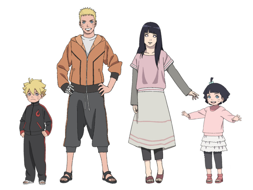 2boys 2girls black_hair blonde_hair blue_eyes child family hyuuga_hinata long_hair multiple_boys multiple_girls naruto naruto:_the_last sandals short_hair siblings skirt smile spoilers uzumaki_boruto uzumaki_himawari uzumaki_naruto violet_eyes