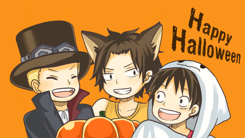3boys animal_ears blonde_hair brothers brown_hair freckles ghost_costume goggles halloween happy_halloween hat male_focus monkey_d_luffy multiple_boys one_piece portgas_d_ace pumpkin sabo_(one_piece) siblings smile top_hat trio wolf_ears younger