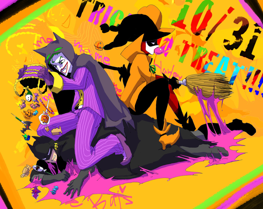 1girl 2boys animal_ears animal_hood basket batman batman_(cosplay) batman_(series) blonde_hair bodysuit broom bruce_wayne bubble bubblegum candy cape cookie costume dc_comics domino_mask food gloves green_hair halloween halloween_costume harley_quinn hat highres hood hooded_cape human_furniture lipstick lollipop makeup mask multiple_boys pinstripe_suit purple_shoes shoes smile striped suit syringe the_joker toy witch_hat zoom_layer