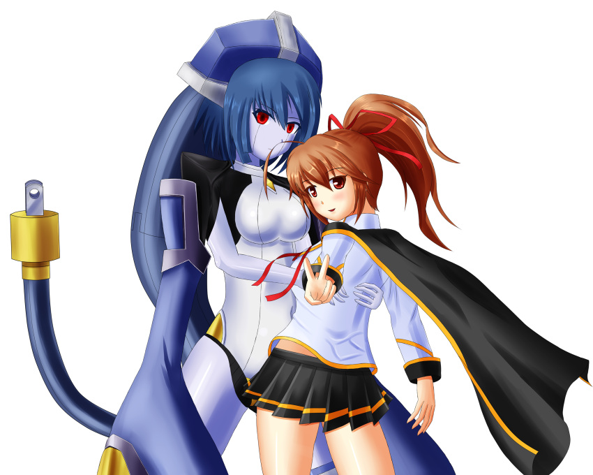1girl ahoge android arc_system_works blazblue blazblue:_chronophantasma blush breasts brown_hair cape celica_a_mercury from_behind hair_ribbon highres long_hair looking_at_viewer looking_back minerva_(blazblue) open_mouth parted_lips ponytail red_eyes ribbon robot school_uniform shiny shiny_skin sideboob skirt smile v wiz_(shadow)