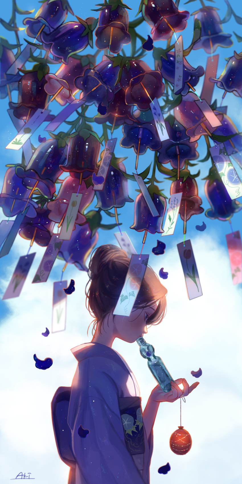 1girl absurdres aki_a0623 artist_name bangs blue_flower blue_sky bottle brown_hair clouds commentary_request day drinking floral_print flower hair_bun hand_up highres holding holding_bottle japanese_clothes kimono long_sleeves looking_away looking_down obi original paper profile red_flower sash sky solo summer sunlight upper_body water_balloon water_bottle water_yoyo wind_chime yukata