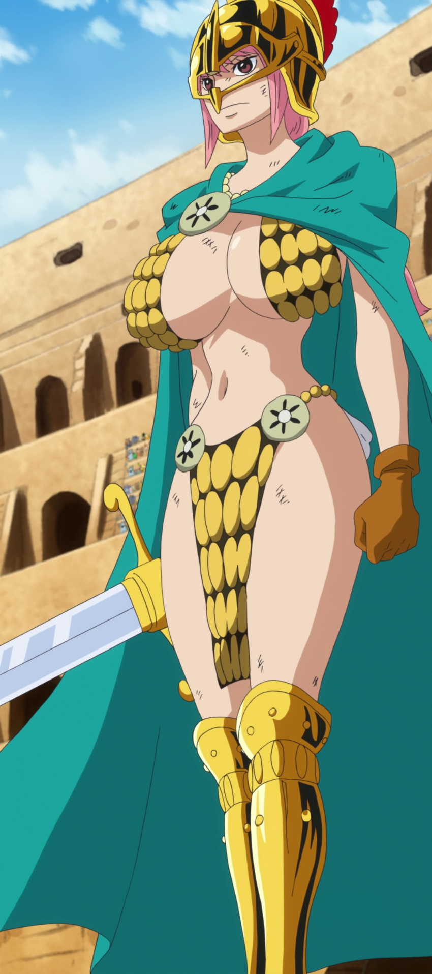 1girl armor bikini_armor breasts cape dressrosa female gladiator gloves helmet huge_breasts navel one_piece pink_hair rebecca_(one_piece) screencap solo stitched sword weapon