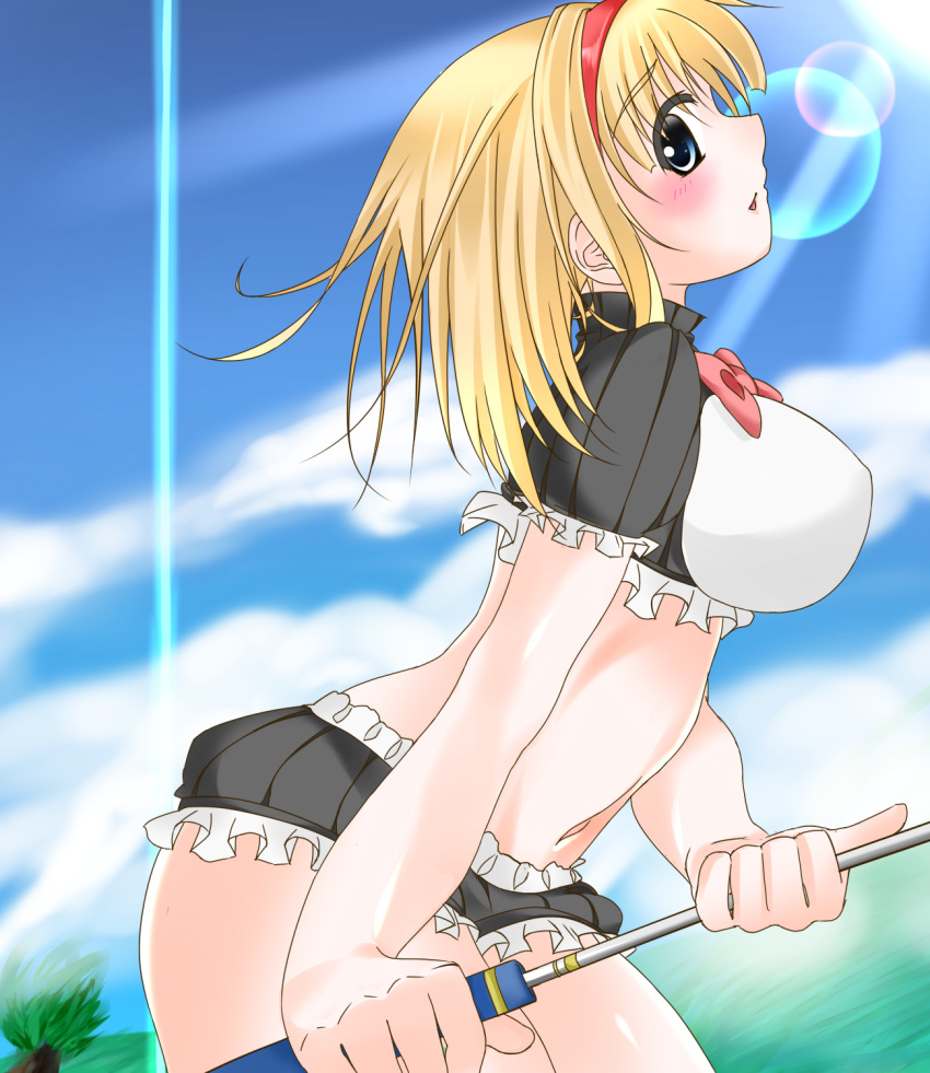 1girl blonde_hair blue_eyes blush breasts curvy frills hairband large_breasts long_hair luto luto_(lutomalu) midriff navel ribbon solo thick_thighs thighs wide_hips