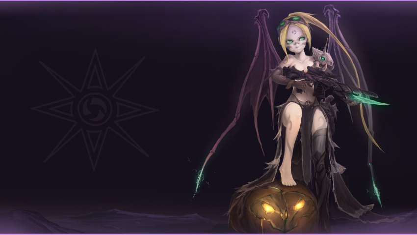 1girl absurdres artist_request blonde_hair closed_mouth collarbone female green_eyes gun halloween highres holding holding_weapon jack-o'-lantern long_hair midriff navel nova_(starcraft) ponytail pumpkin smile solo starcraft weapon wings