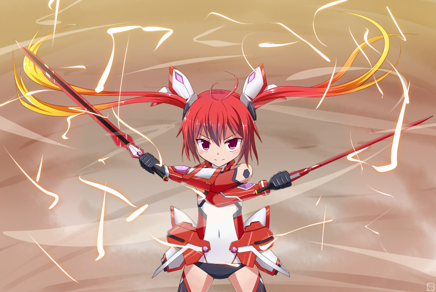 1girl absurdres dual_wielding flat_chest genderswap gloves gradient_hair hair_ornament highres leotard long_hair mecha_musume midzuha mitsuka_souji multicolored_hair ore_twintail_ni_narimasu red_eyes redhead solo sword tailred thigh-highs twintails very_long_hair weapon