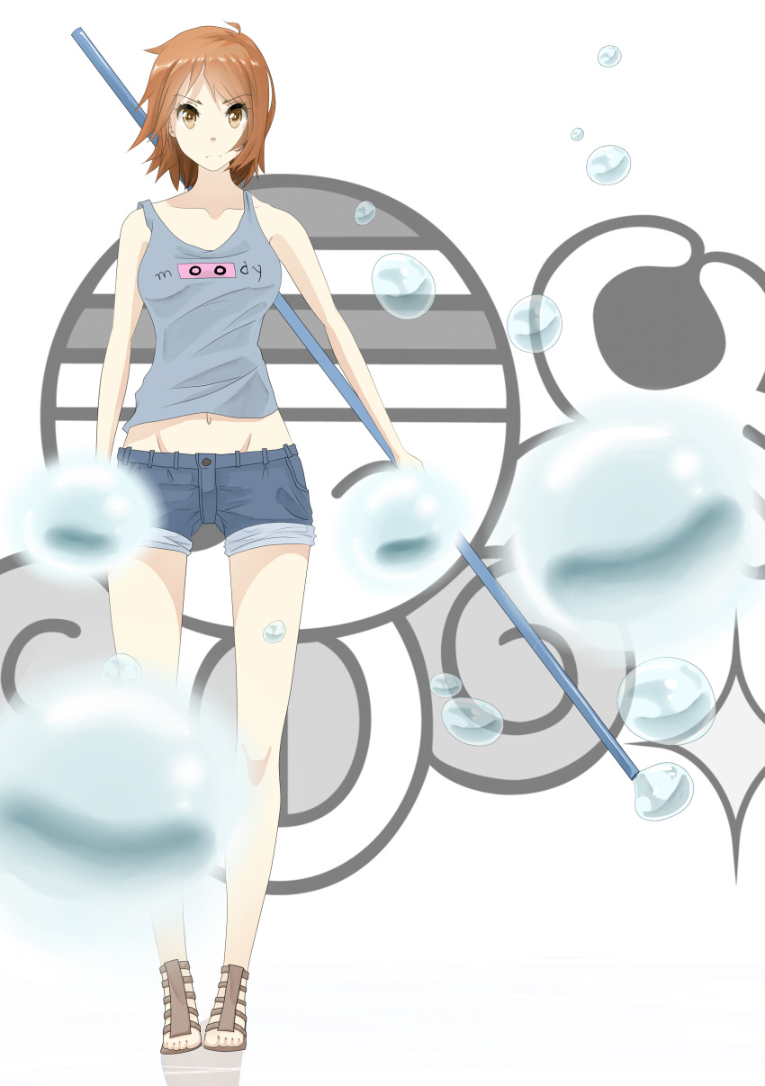 1girl bubble highres jolly_roger nami_(one_piece) one_piece orange_hair pirate short_hair shorts solo staff tank_top