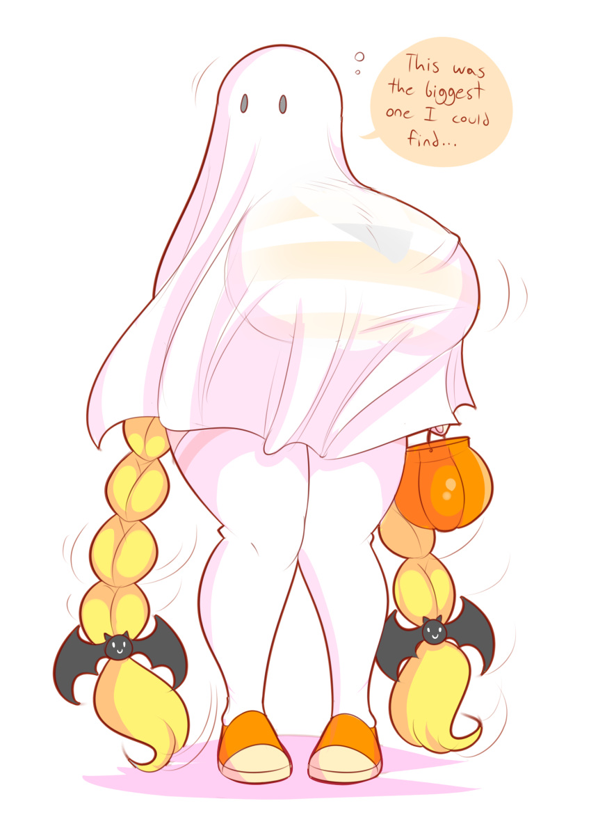 1girl absurdres blonde_hair braid breasts cassie_(theycallhimcake) cosplay english female gigantic_breasts halloween highres long_hair original shoes simple_background sneakers solo standing theycallhimcake thigh-highs twin_braids very_long_hair white_background white_legwear wide_hips