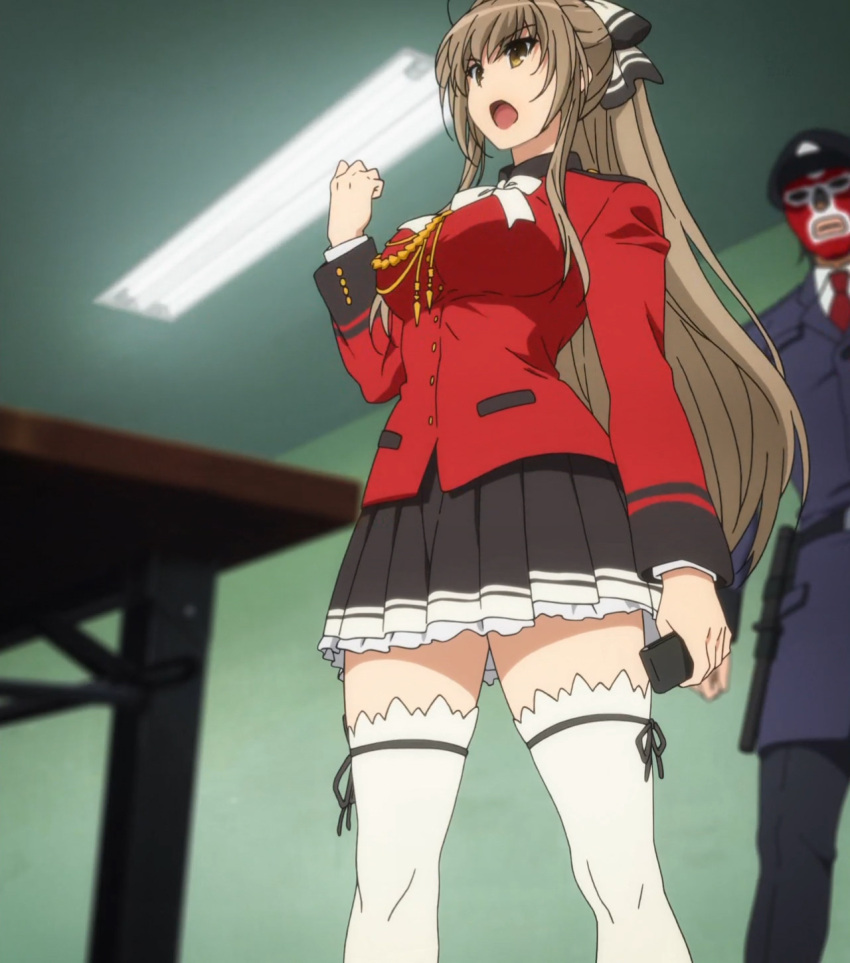 amagi_brilliant_park brown_hair okuro_(amaburi) pleated_skirt ponytail screencap sento_isuzu skirt thigh-highs yellow_eyes