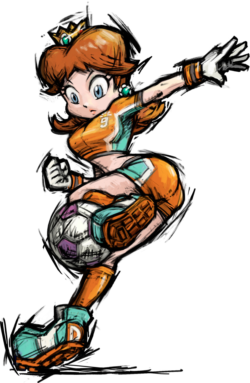 1girl ass blue_eyes brown_hair crown earrings gloves jewelry official_art princess_daisy short_hair super_mario_bros. super_mario_land super_mario_strikers