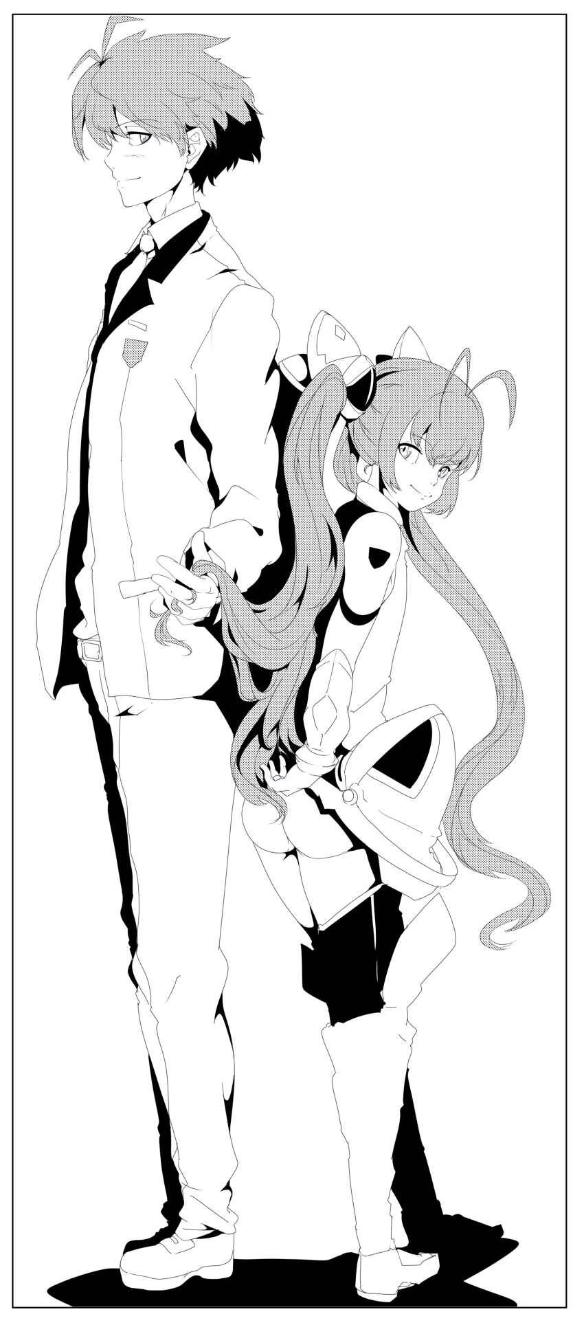 1boy 1girl absurdres dual_persona genderswap height_difference highres holding holding_hair lineart long_hair mitsuka_souji monochrome necktie ninimo ore_twintail_ni_narimasu tailred twintails very_long_hair