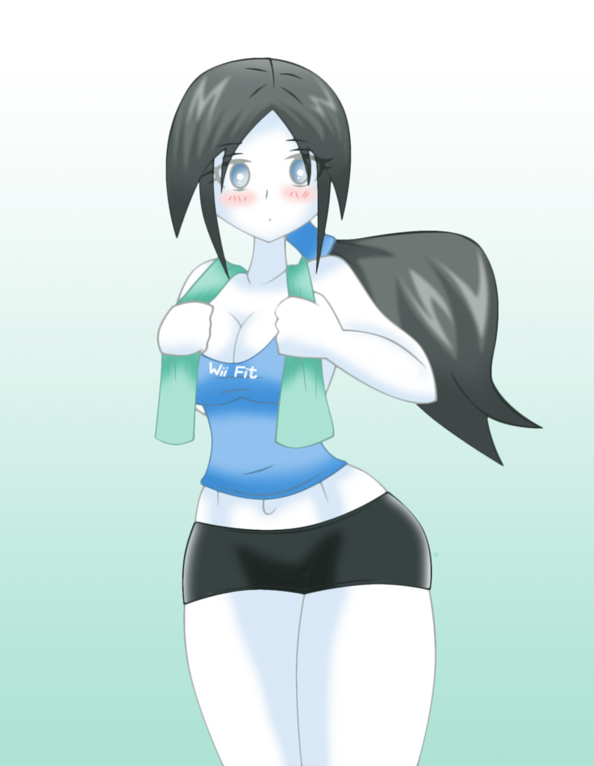 1girl blush breasts highres navel nintendo ponytail short_shorts shorts simple_background solo super_smash_bros. tank_top white_skin wii_fit wii_fit_trainer