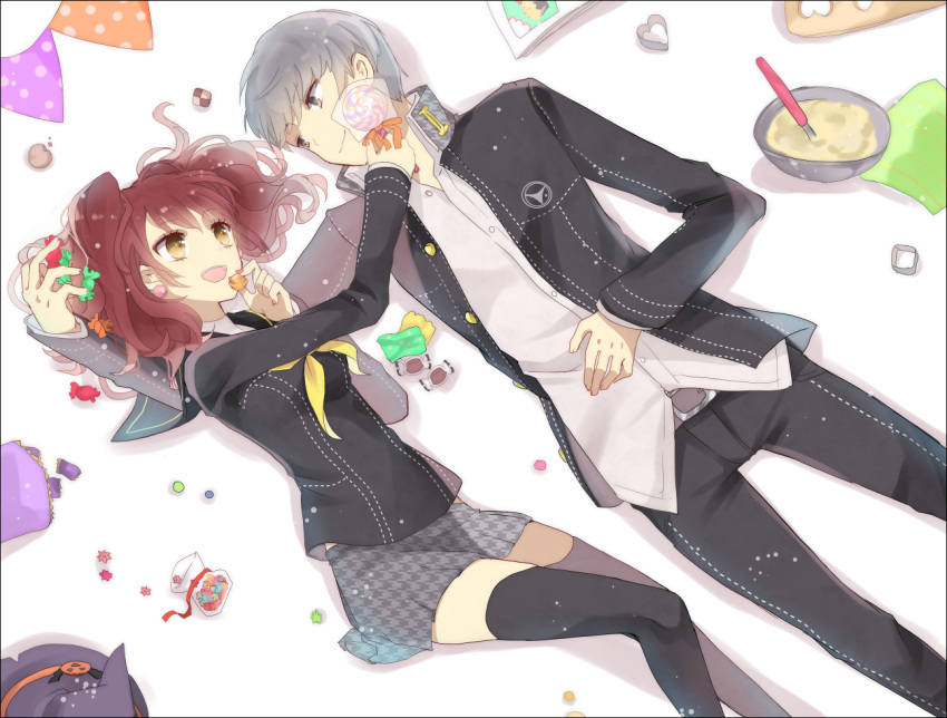 1boy 1girl bowl_cut candy couple eye_contact grey_eyes grey_hair hat jacket kujikawa_rise lollipop looking_at_another lying narukami_yuu open_clothes open_jacket persona persona_4 redhead ringoro school_uniform thigh-highs twintails uniform witch_hat zettai_ryouiki