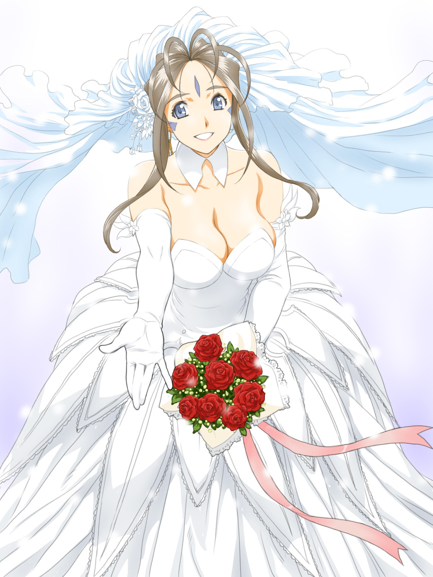 1girl aa_megami-sama antenna_hair bare_shoulders belldandy blue_eyes breasts bridal_veil bride brown_hair cleavage collarbone dress elbow_gloves facial_mark flower gloves happy highres joy_division large_breasts long_hair looking_at_viewer rose simple_background smile solo standing veil wedding_dress