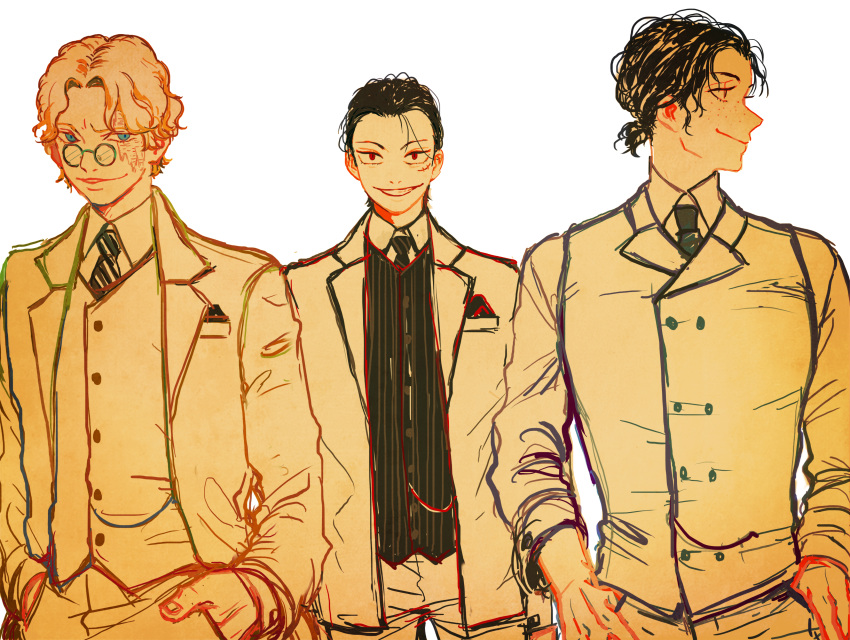 3boys absurdres alternate_costume brothers formal freckles glasses highres kkm909 male_focus monkey_d_luffy multiple_boys necktie one_piece pinstripe_pattern portgas_d_ace sabo_(one_piece) scar siblings trio waistcoat