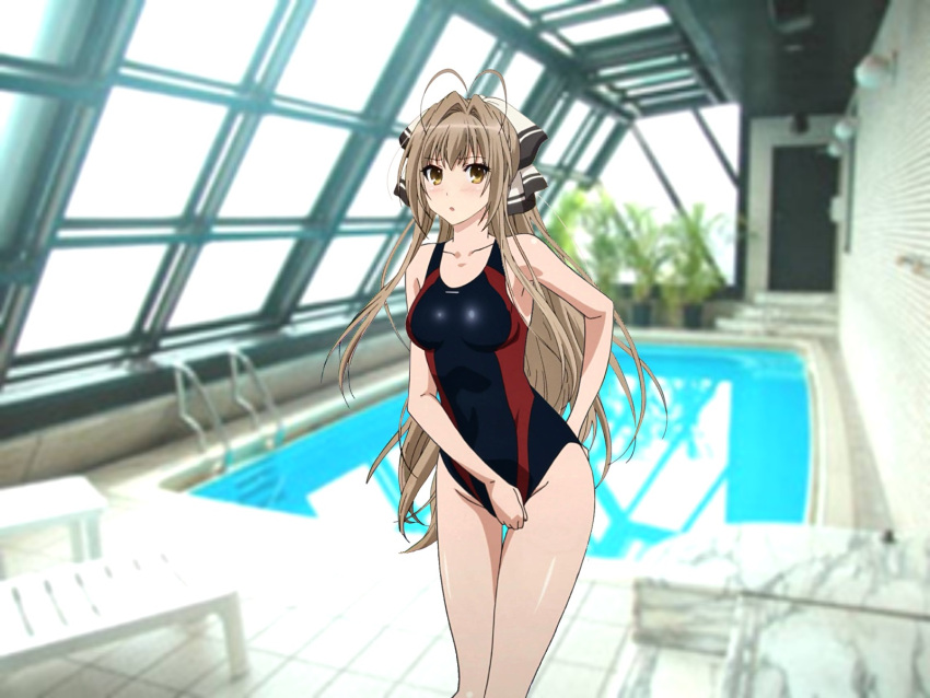 1girl ahoge amagi_brilliant_park antenna_hair blush breasts brown_eyes brown_hair competition_swimsuit hair_ribbon highres long_hair one-piece_swimsuit open_mouth ponytail pool poolside rei_no_pool ribbon sento_isuzu shiny shiny_skin solo standing swimsuit thighs water yellow_eyes