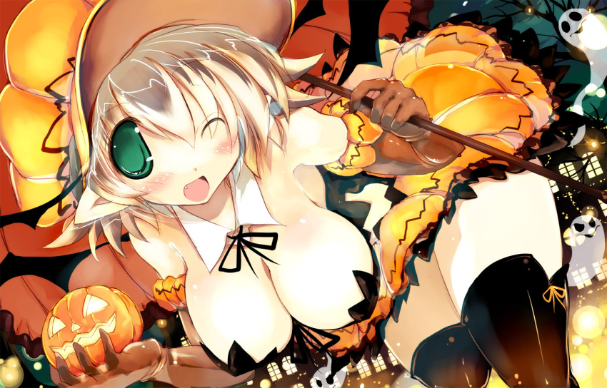 1girl ;d bare_shoulders bent_over black_legwear blonde_hair blush breasts brown_gloves cleavage collar detached_collar elbow_gloves elf fang female ghost gloves green_eyes halloween hanging_breasts hat holding jack-o'-lantern large_breasts looking_at_viewer night one_eye_closed open_mouth original parasol pointy_ears pumpkin sakaki_(noi-gren) short_hair smile thigh-highs tree umbrella wink