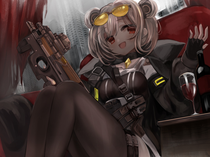 1girl alcohol bangs bottle breasts bullpup choker commission cup curtains double_bun drinking_glass eyebrows_visible_through_hair eyewear_on_head fingerless_gloves girls_frontline gloves gun highres jacket knees_up light_brown_hair looking_at_viewer medium_breasts open_mouth p90 p90_(girls'_frontline) raiyo_(pixiv16261673) red_eyes short_hair skeb_commission smile solo submachine_gun sunglasses thigh-highs thigh_strap weapon wine wine_bottle wine_glass