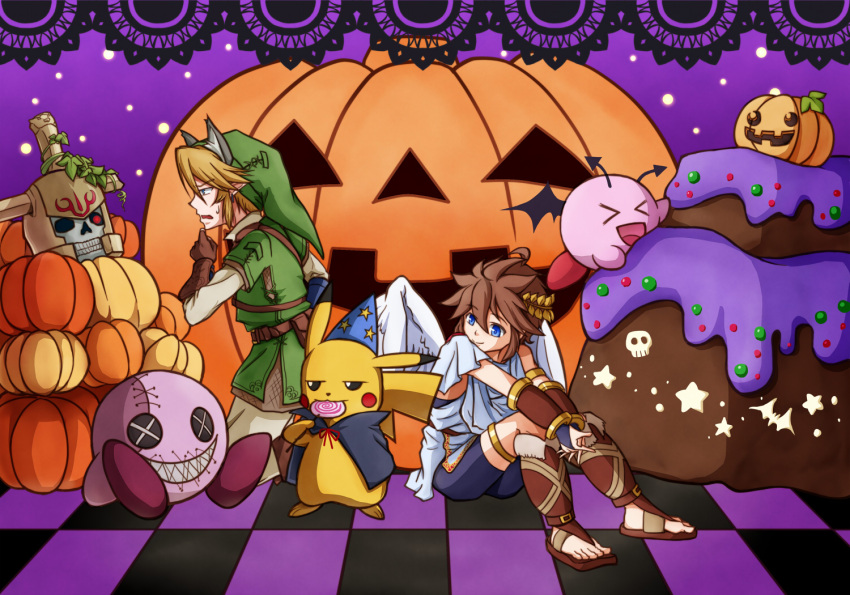 4boys angel animal_ears blonde_hair blue_eyes brown_hair cake candy costume doll eating food gloves grin halloween hat helmet horns hoshi_no_kirby jack-o'-lantern kid_icarus kid_icarus_uprising kirby kirby_(series) link lollipop multiple_boys nintendo pikachu pit_(kid_icarus) pokemon pumpkin red_eyes short_hair skeleton skull smile stalfos_knight stitches super_smash_bros. tail teeth the_legend_of_zelda wings wizard