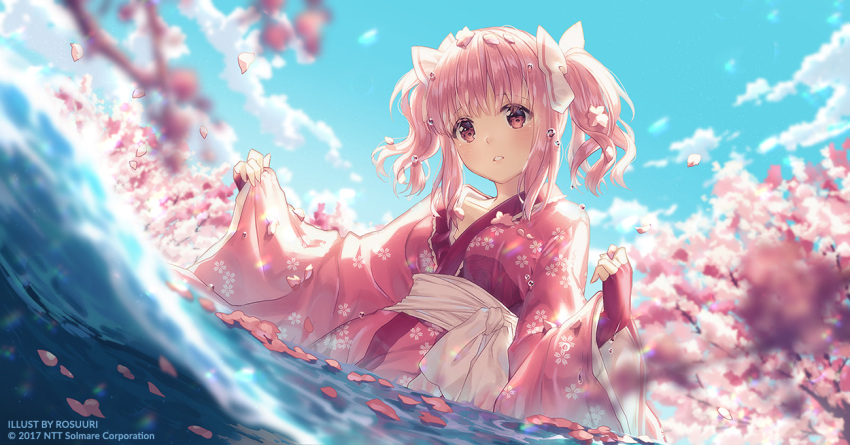 1girl 2017 artist_name bangs blue_sky blurry bow breasts cherry_blossoms collarbone commentary day depth_of_field eyebrows_visible_through_hair fingerless_gloves floral_print from_below gloves hair_bow head_tilt japanese_clothes kimono long_sleeves looking_at_viewer looking_down medium_breasts moe!_ninja_girls momochi_myu official_art outdoors parted_lips partially_submerged petals petals_on_water pink_hair pink_kimono pond red_eyes red_gloves rosuuri sash short_hair_with_long_locks sidelocks sky solo spring_(season) tareme two_side_up upper_body water water_drop white_bow wide_sleeves