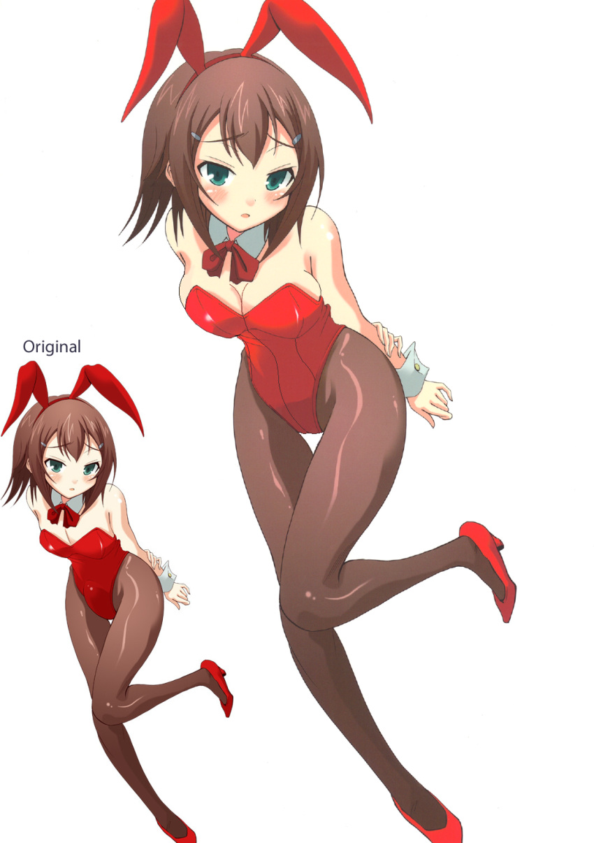 1boy animal_ears baka_to_test_to_shoukanjuu barrettes blush bow bowtie breasts brown_hair bunny_girl bunny_tail bunnysuit cleavage collar comparison cuffs genderswap green_eyes hair_ornament hairclip kinoshita_hideyoshi open_mouth pantyhose photoshop rabbit_ears red_shoes shoes short_hair solo standing tail trap