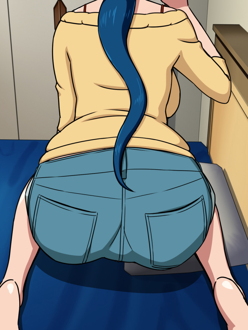 1girl ass back backboob barefoot bed blue_hair breasts from_behind gundam gundam_build_fighters highres iori_rinko large_breasts legs long_hair milf pillow shorts sitting solo sweater thighs yuki_(12cut)