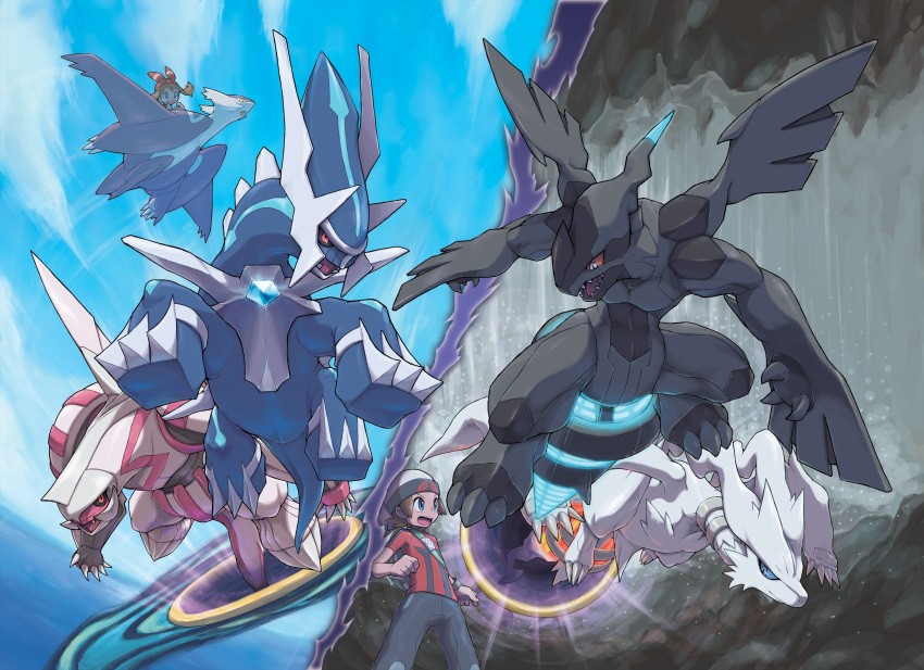 10s absurdres blue_sky cavern dialga haruka_(pokemon) haruka_(pokemon)_(remake) highres latias mega_latias mega_pokemon official_art palkia pokemon pokemon_(game) pokemon_oras portal_(object) reshiram sky sugimori_ken yuuki_(pokemon) yuuki_(pokemon)_(remake) zekrom