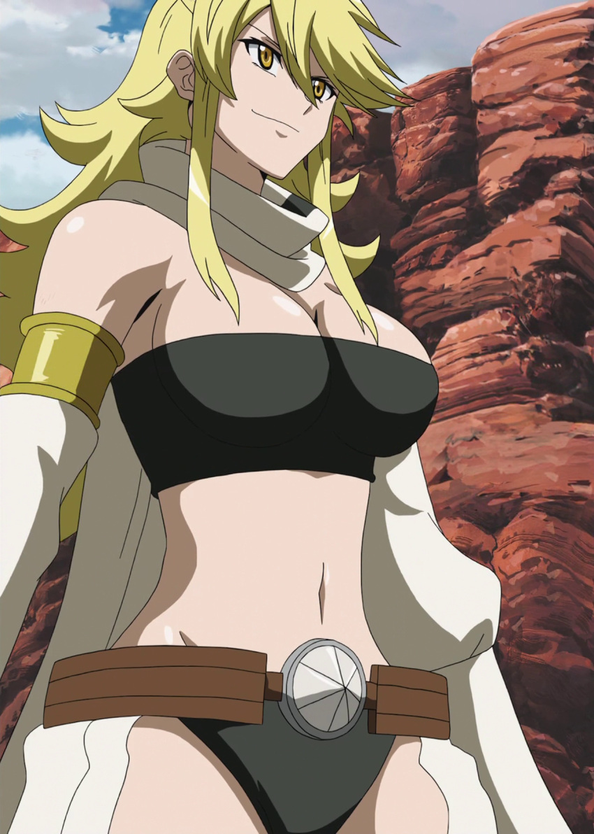 1girl akame_ga_kill! blonde_hair breasts cleavage clouds female large_breasts leone long_hair navel screencap solo standing stitched yellow_eyes