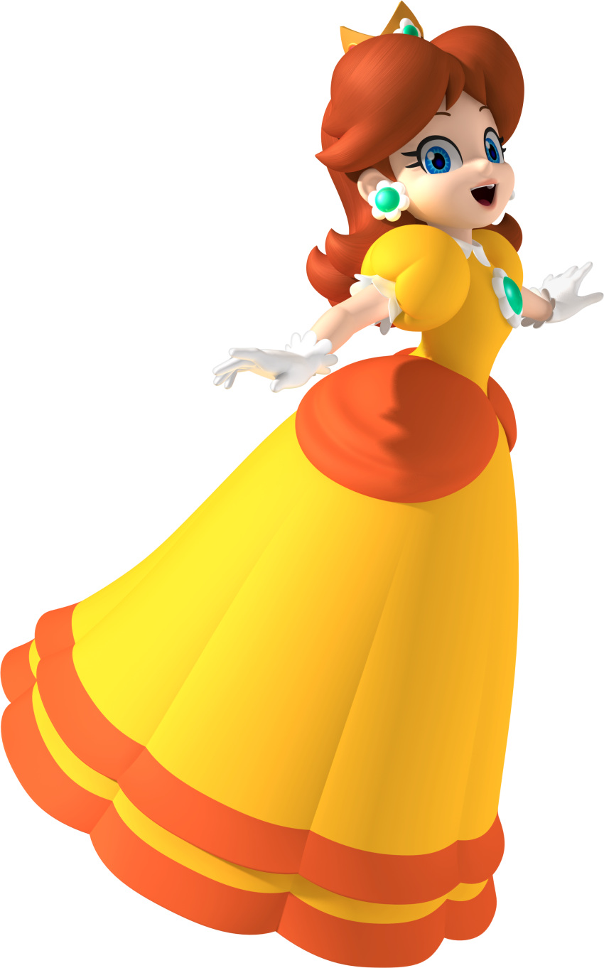 1girl blue_eyes brown_hair crown dress earrings gloves highres jewelry lips long_dress looking_at_viewer nintendo official_art princess_daisy solo super_mario_bros. super_mario_land