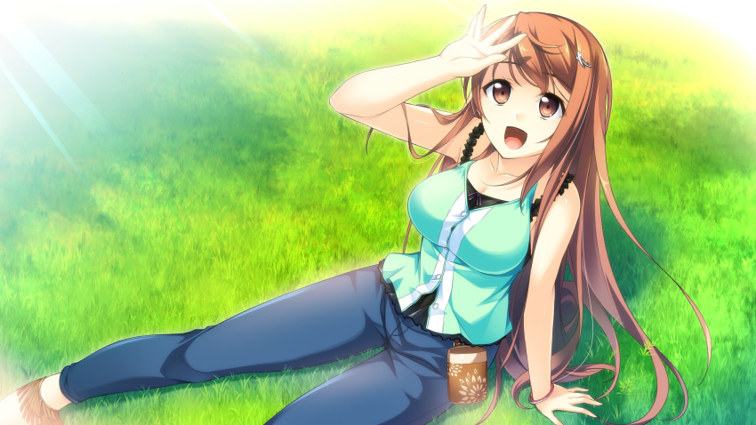 1girl breasts brown_eyes brown_hair collarbone game_cg grass happy highres kono_oozora_ni_tsubasa_wo_hirogete large_breasts legs long_hair looking_up open_mouth sitting smile solo sunlight thighs yashima_takahiro