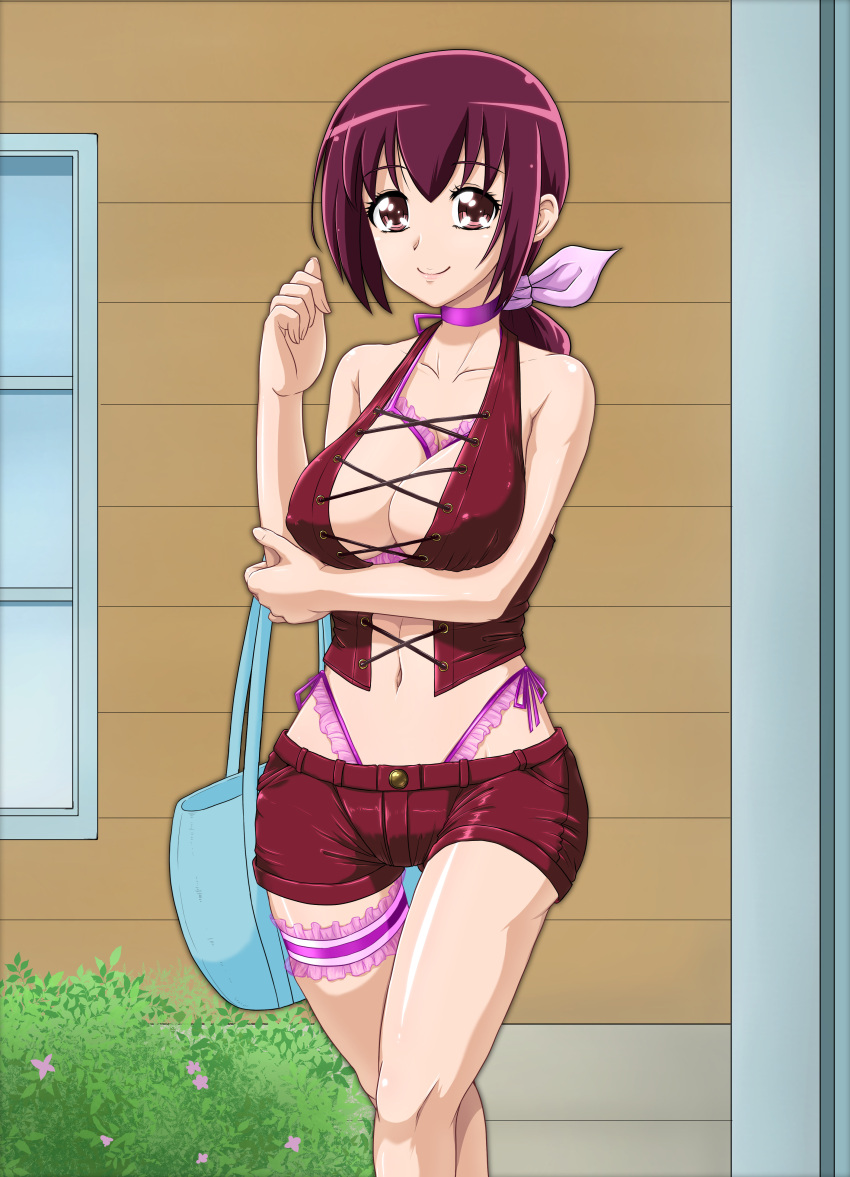 1girl absurdres bag breast_hold breasts choker cleavage collarbone hair_ribbon handbag highres hoshizora_ikuyo large_breasts legs lingerie long_hair looking_at_viewer milf ponytail precure purple_hair ribbon short_shorts shorts smile_precure! solo standing t-aoba thighs underwear violet_eyes