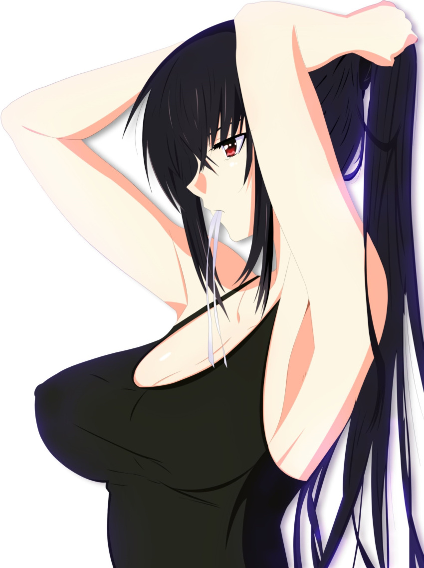 1girl arms_up black_hair breasts highres kawakami_momoyo large_breasts long_hair maji_de_watashi_ni_koi_shinasai! red_eyes solo standing top white_background