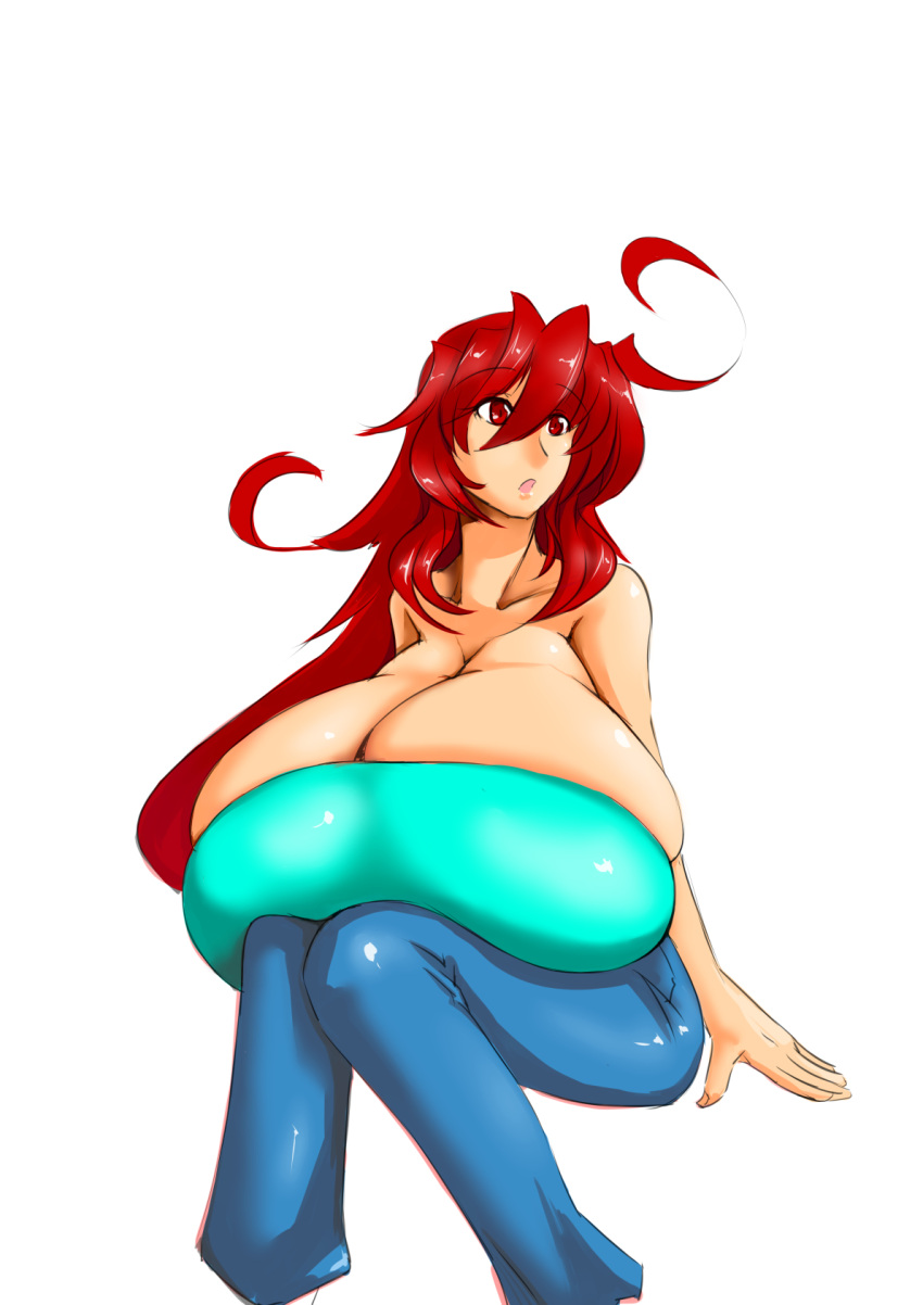 1girl aeon708 ahoge bare_shoulders breasts cleavage female gigantic_breasts highres long_hair open_mouth original pants red_eyes redhead simple_background sitting solo white_background