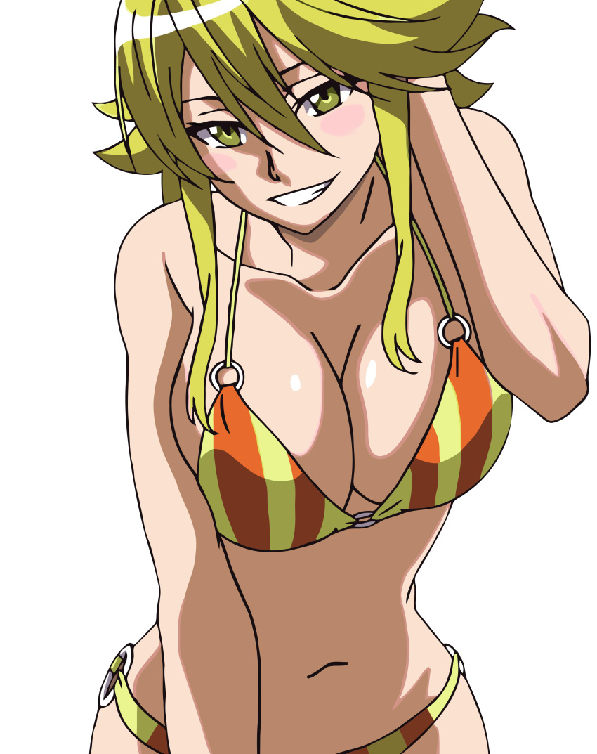 1girl akame_ga_kill! bikini blonde_hair blush breasts cleavage highres large_breasts leone long_hair photoshop simple_background smile standing stitched swimsuit vector_trace white_background yellow_eyes