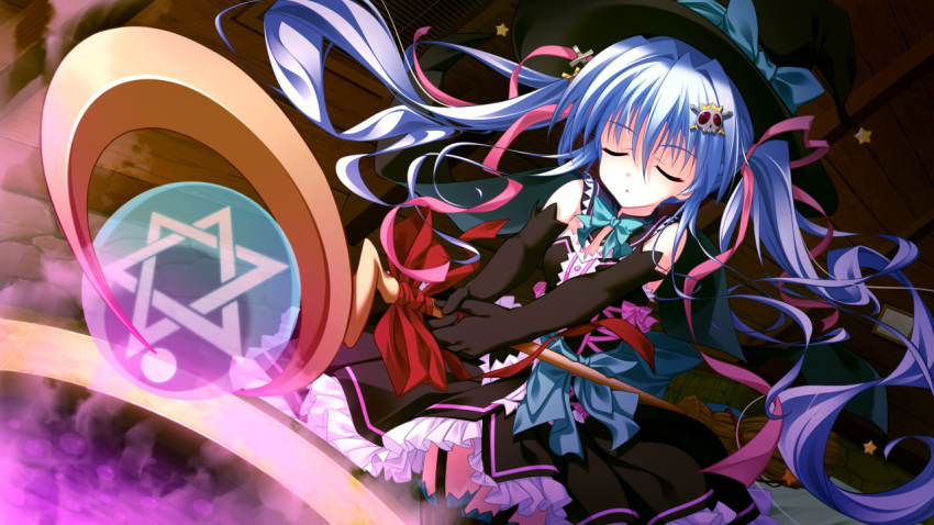 1girl blue_hair bow closed_eyes dress elbow_gloves game_cg gloves hair_ornament hat long_hair luluna magical_marriage_lunatics!! moonstone ribbon staff twintails witch_hat yamakaze_ran