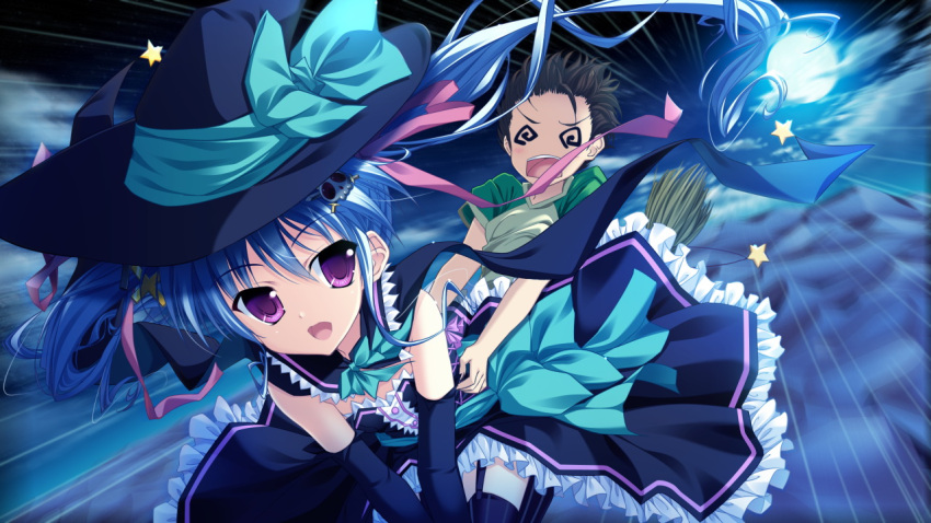 1girl @_@ blue_hair clouds elbow_gloves game_cg gloves hair_ornament hat long_hair luluna magical_marriage_lunatics!! moon moonstone night open_mouth ornament thigh-highs twintails violet_eyes witch_hat yamakaze_ran