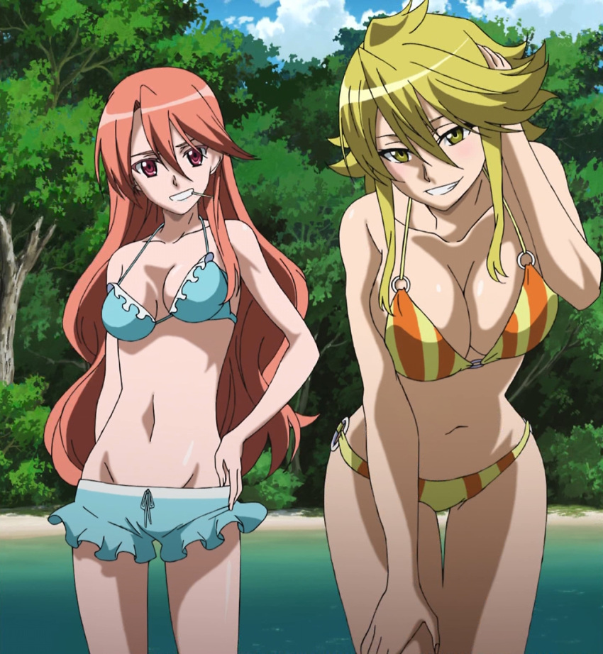2girls akame_ga_kill! bikini blonde_hair breasts brown_hair candy chelsea_(akame_ga_kill!) cleavage hand_on_hip large_breasts leone lollipop long_hair looking_at_viewer multiple_girls navel open_mouth red_eyes smile square_enix standing stitched swimsuit thighs yellow_eyes