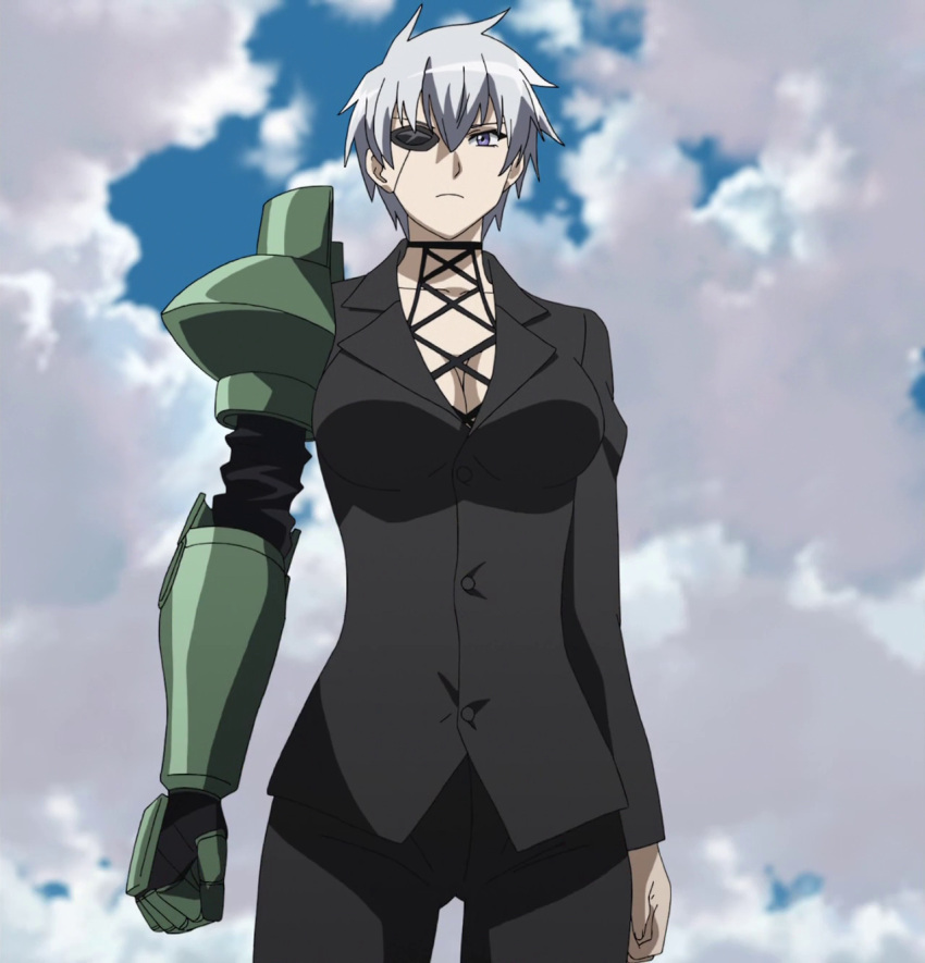 1girl akame_ga_kill! breasts clouds eyepatch female large_breasts mechanical_arm najenda screencap short_hair solo standing stitched violet_eyes white_hair