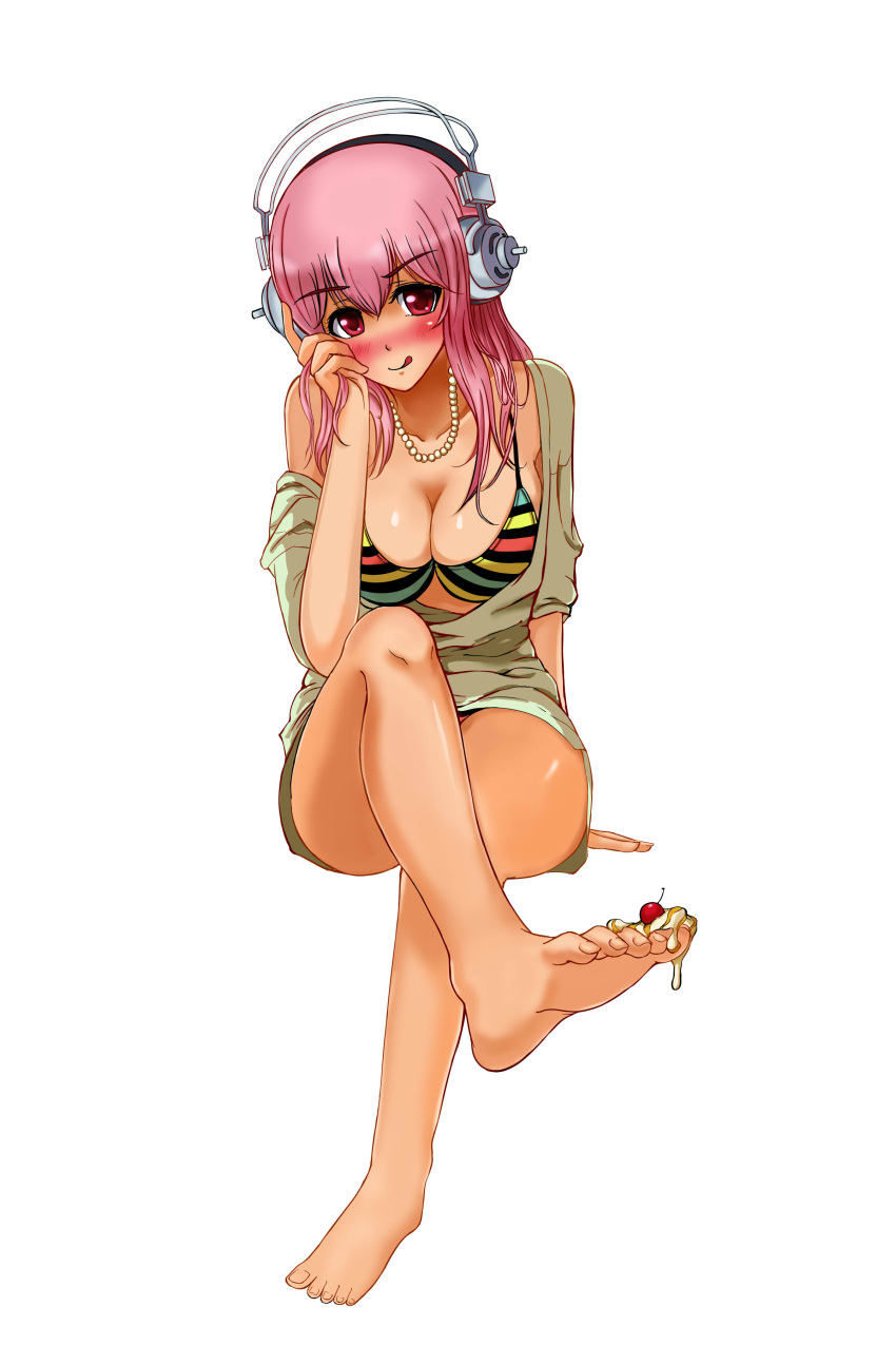 1girl absurdres amaotorara_(raincraft) barefoot bikini bikini_under_clothes blush breasts cherry cleavage food food_on_body fruit headphones highres jewelry large_breasts licking_lips long_hair looking_at_viewer necklace nitroplus off_shoulder pearl_necklace pink_hair red_eyes smile solo striped striped_bikini striped_swimsuit super_sonico swimsuit swimsuit_under_clothes tongue tongue_out whipped_cream