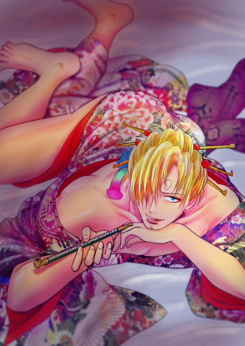 1boy alternate_costume barefoot blonde_hair blue_eyes crossdressinging facial_hair floral_print goatee hair_ornament hair_over_one_eye japanese_clothes lying male_focus on_stomach one_piece pipe riria sanji smoking_pipe solo