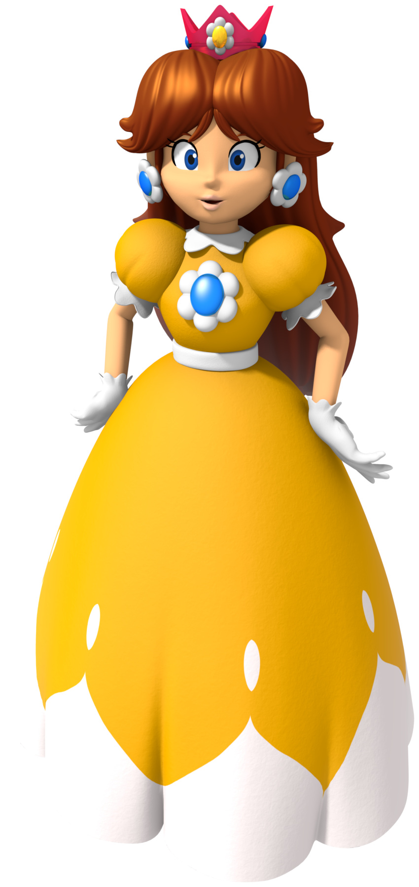 1girl 2001 3d blue_eyes brown_hair crown dress earrings gloves jewelry lips long_dress mario_party mario_party_3 official_art princess_daisy simple_background solo super_mario_bros. super_mario_land
