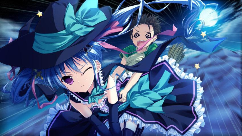 1girl @_@ blue_hair clouds elbow_gloves game_cg gloves hair_ornament hat long_hair luluna magical_marriage_lunatics!! moon moonstone night ornament thigh-highs twintails violet_eyes wince witch_hat yamakaze_ran