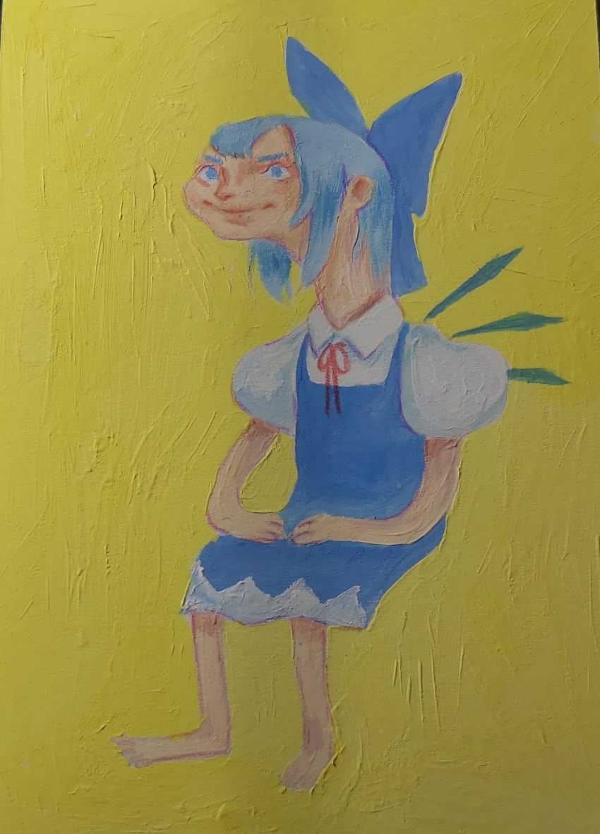 1girl acrylic_paint_(medium) anatomical_nonsense bangs barefoot blue_bow blue_dress blue_eyes blue_hair blue_wings bow cirno closed_mouth collared_shirt commentary dress english_commentary fairy_wings full_body hair_bow hands_on_lap highres invisible_chair long_neck neck_ribbon painting_(medium) photo_(medium) pinafore_dress puffy_short_sleeves puffy_sleeves red_ribbon ribbon shirt short_hair short_sleeves sidelocks sitting skullchimes smile solo touhou traditional_media white_shirt wings yellow_background