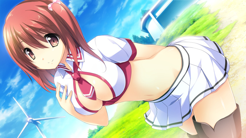 1girl breasts cleavage game_cg grass highres himega_ageha kono_oozora_ni_tsubasa_wo_hirogete large_breasts legs looking_at_viewer midriff navel necktie red_eyes redhead short_hair skirt smile solo standing thighs twintails yashima_takahiro