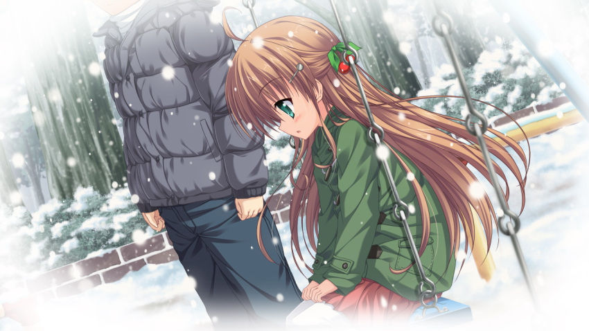 1girl blue_eyes blush brown_hair game_cg hair_ornament long_hair magical_marriage_lunatics!! moonstone ornament shirahase_yuuna smile snow yamakaze_ran