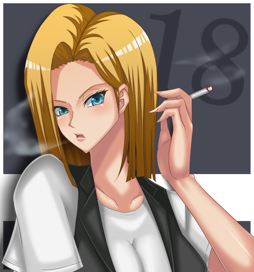 1girl android_18 bare_shoulders blonde_hair blue_eyes breasts chest cigarette dragon_ball dragonball_z eyebrows eyelashes female fingernails fingers forehead hands large_breasts looking_at_viewer m_(masa11051105) neck shoulders shueisha smoking solo throat