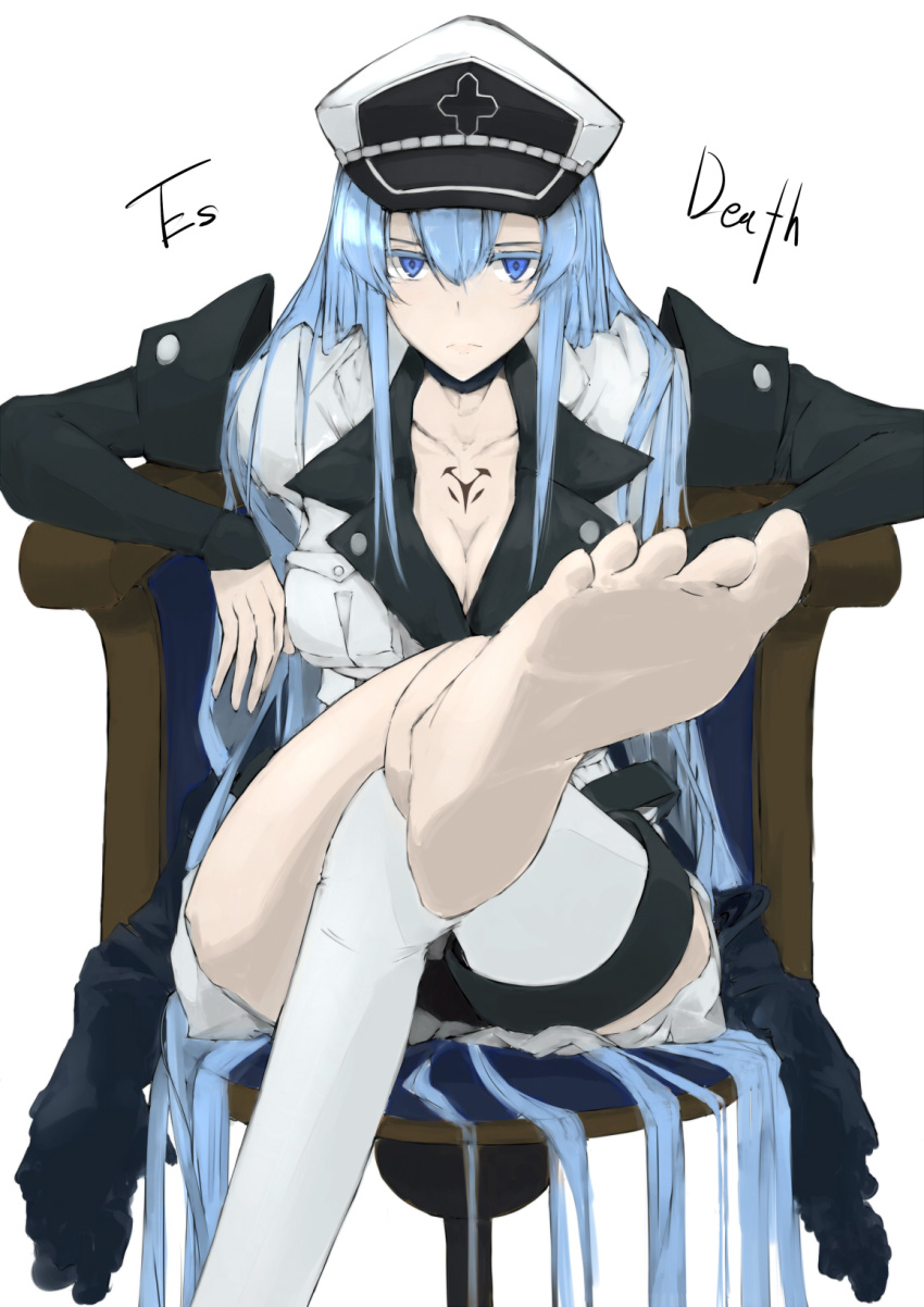 1girl akame_ga_kill! aqua_eyes aqua_hair barefoot blue_eyes blue_hair boots breasts chair cleavage esdeath feet hat large_breasts legs legs_crossed long_boots long_hair looking_at_viewer military military_uniform miniskirt peaked_cap single_thighhigh sitting skirt solo thigh-highs thigh_boots thighs toes uniform very_long_hair white_legwear