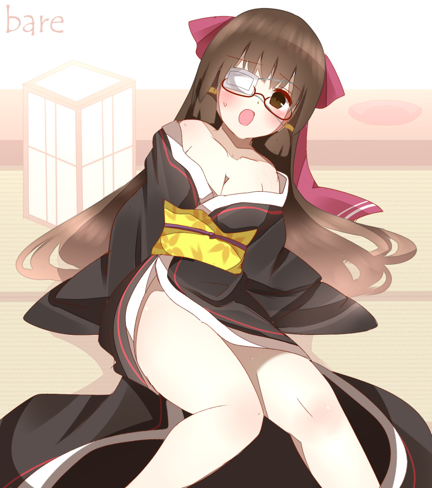 1girl bare_shoulders blush breasts brown_eyes brown_hair cleavage eyepatch female glasses hair_ribbon japanese_clothes kimono long_hair looking_at_viewer md5_mismatch non_(wednesday-classic) open_mouth original photoshop ribbon shy sitting solo surprised sweatdrop text