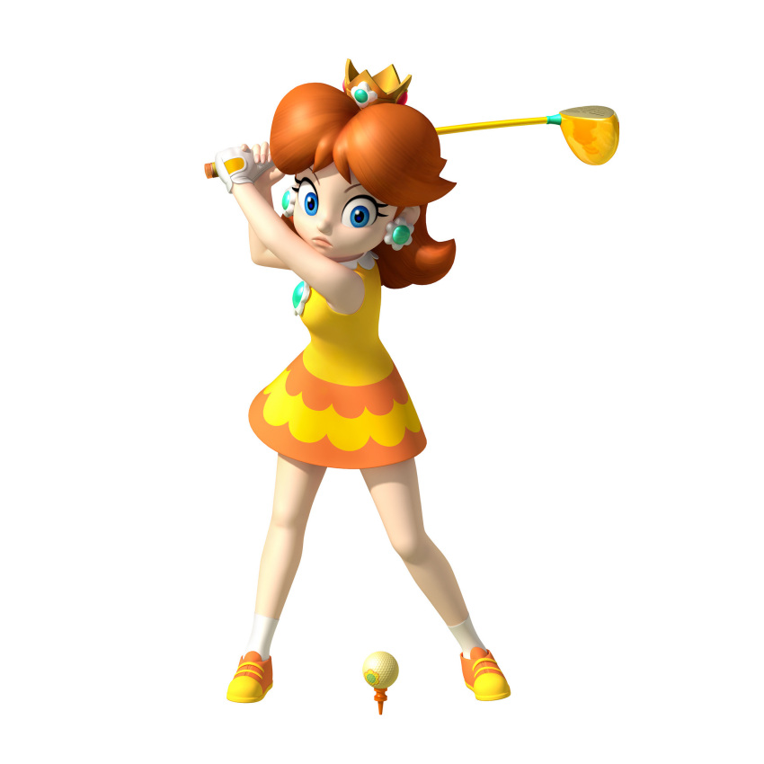 1girl blue_eyes brown_hair crown earrings fingerless_gloves gloves golf_club highres jewelry super_mario_bros. mario_golf nintendo official_art princess_daisy solo super_mario_bros. super_mario_land